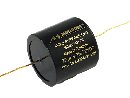 Mundorf Capacitor 22uF 700Vdc MCap® Supreme EVO SilverGoldOil Black SESGO Series Metalized Silver Gold Polypropylene Axial