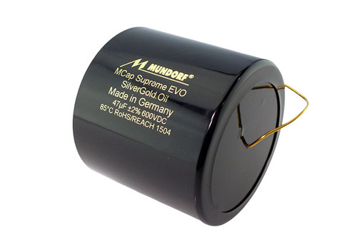 Mundorf Capacitor 47uF 600Vdc MCap® Supreme EVO SilverGoldOil Black SESGO Series Metalized Silver Gold Polypropylene Axial